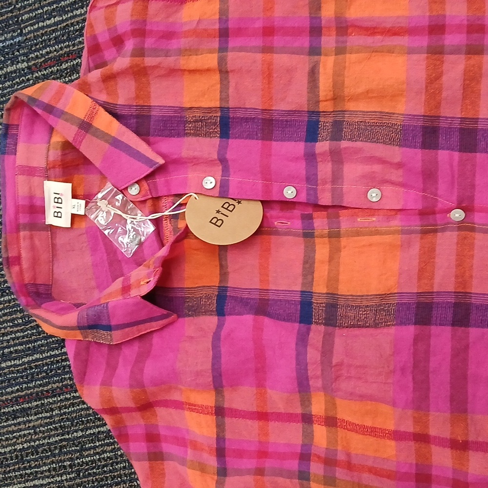 NWT BiBi Button Up Dolman Sleeve Fuchsia Plaid Plaid Shirt XL - Picture 4 of 6